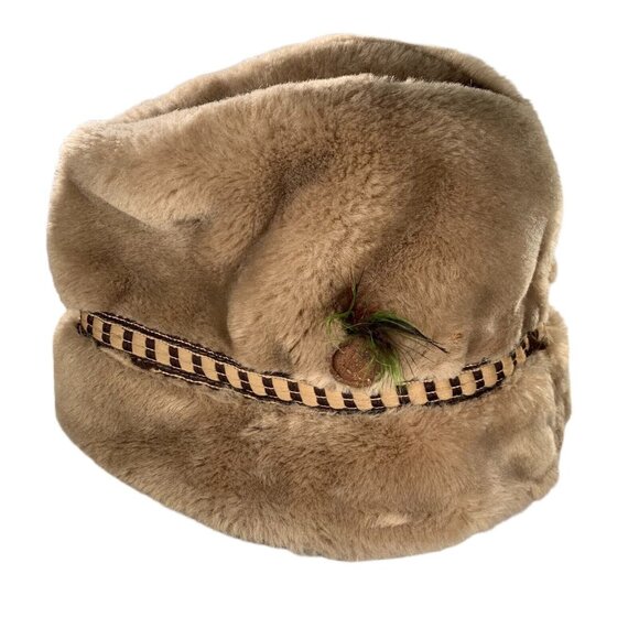 Vintage Stetson Tan Faux Fur Tyrolean Fedora Russian Winter Hat banded feather - Picture 7 of 12